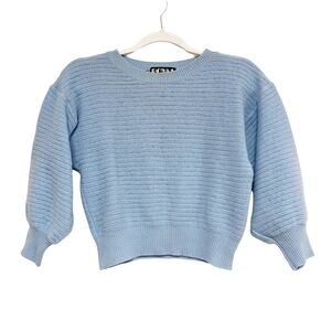 Vintage Royal Womens Blue Fuzzy KnIt Cropped Puff Sleeve Slit Sweater